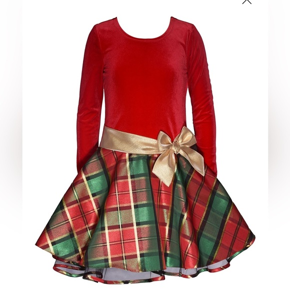 Bonnie Jean Girls Holiday Dress Red Velvet Plaid Gold Bow Christmas Size 6 - Picture 1 of 9